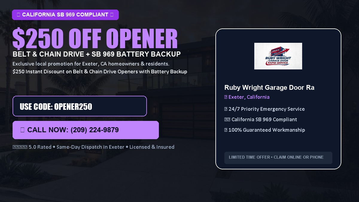$250 OFF Smart Garage Door Opener Installation (Belt & Chain Drive with California SB 969 Battery Backup) in Exeter, CA